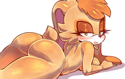 anthro big_butt black_nose blush breasts brown_eyes butt dipstick_ears ear_markings eyelashes female floppy_ears fur head_tuft long_ears looking_at_viewer lop_ears lying markings multicolored_ears nude on_front orange_body orange_fur simple_background solo tan_body tan_fur thick_thighs tuft white_background white_body white_fur wide_hips mayghely sega sonic_the_hedgehog_(series) vanilla_the_rabbit lagomorph leporid mammal rabbit hi_res