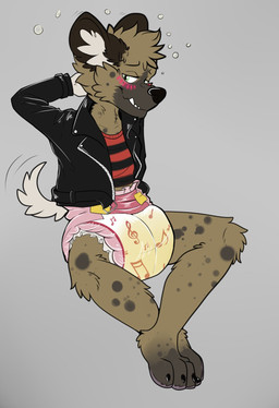 anthro biped blush bodily_fluids claws clothed clothing diaper genital_fluids jacket looking_at_viewer male musical_note musical_symbol sitting solo symbol topwear unclean_diaper urine used_diaper wearing_diaper wet_diaper wetting toybadgers aggretsuko sanrio haida_(aggretsuko) hyena mammal spotted_hyena hi_res