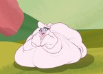 belly big_belly big_butt blobby blue_eyes butt detailed_background female feral flabby_legs front_view fur hair hooves huge_belly huge_butt huge_hips huge_thighs hyper hyper_belly immobile looking_at_viewer lying makeup mascara morbidly_obese morbidly_obese_female morbidly_obese_feral obese obese_female obese_feral on_front open_mouth outside overweight overweight_female overweight_feral pink_body pink_skin pompadour solo thick_thighs white_body white_fur wide_hips astr0zone them's_fightin'_herds pom_(tfh) bovid caprine mammal sheep