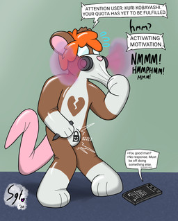 3_toes anthro bdsm bodysuit brown_body cellphone chastity_bulge chastity_device clothed clothing dialogue electronics feet gas gas_mask glistening hair heart_symbol latex latex_clothing latex_skinsuit lock lock_bulge lock_symbol male mask null_bulge orange_hair phone pink_nose sex_toy simple_background skinsuit smartphone solo sound_effects standing struggling symbol text tight_clothing toes toony vibrator visor white_body rutmouse kuri_kobayashi mammal mouse murid murine rodent 2020 absurd_res digital_drawing_(artwork) digital_media_(artwork) english_text hi_res signature