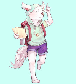 5_fingers ambiguous_gender anthro backpack bottomwear clothing fingers fur hoodie jewelry necklace paper purple_bottomwear purple_clothing shorts simple_background solo topwear white_body white_fur young young_anthro woong canid canine canis domestic_dog mammal