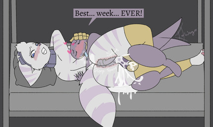 anthro bed blush bodily_fluids clothed clothing cum cum_in_vagina cum_inside duo female furniture genital_fluids genitals heart_symbol hug lying male male/female on_bed partially_clothed penis pillow prehensile_penis size_difference tail tail_motion tailwag text tongue tongue_out x-ray_view acquiiiescent ratchet_and_clank risk_of_rain sony_corporation sony_interactive_entertainment crow_(chimeratechspyro) rivet_(ratchet_and_clank) lemurian lombax mammal reptile scalie hi_res