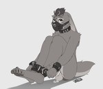 anthro arm_tuft bodily_fluids chastity_cage chastity_device cheek_tuft chest_tuft collar cum cum_on_ground dildo dildo_sitting ears_down facial_tuft genital_fluids glistening glistening_eyes looking_at_viewer male muzzle_(object) muzzled nude pawpads penetration pivoted_ears sex_toy shoulder_tuft simple_background sitting solo text three-quarter_view tuft wearing_chastity_cage wearing_chastity_device wrists_to_ankles 100racs lin_(100racs) lagomorph leporid mammal rabbit absurd_res artist_name hi_res monochrome