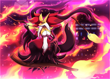 anthro big_breasts black_body black_fur breasts cheek_tuft crouching elemental_manipulation eyelashes facial_markings facial_tuft female female_anthro fire fire_background fire_manipulation flying forehead_markings fur head_markings holding_object holding_stick inner_ear_fluff looking_at_viewer magic markings red_body red_fur red_inner_ear_fluff red_nose solo standing stick thick_thighs tuft under_boob white_body white_fur yellow_body yellow_fur pablozillarex nintendo pokemon pokemon_legends_z-a generation_9_pokemon mega_delphox mega_evolution pokemon_(species) hi_res