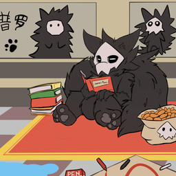 3_toes anthro black_body black_fur black_pawpads bone bone_mask book cheek_tuft claws daww detailed_background facial_tuft featureless_crotch feet finger_claws floor fluffy fluffy_tail footprint fur head_tuft male male_anthro mask pawpads pawprint reading red_rug rug sitting skull skull_mask solo tail tile tile_floor toes translucent translucent_body tuft toshabi changed_(video_game) puro_(changed) canid canine dark_latex mammal 1:1 digital_media_(artwork) hi_res