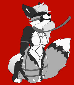 anthro arms_tied arms_tied_behind_back barely_visible_genitalia barely_visible_vulva bdsm blindfold bondage bone_gag bound breasts cheek_tuft cloth_blindfold collar crotch_rope facial_tuft female fully_bound fur fur_markings gag gagged genitals hair kneeling leash leashed_collar legs_tied legs_together light_hair markings nipples nude paws red_background restraints rope rope_bondage rope_harness simple_background solo spots spotted_markings submissive submissive_anthro submissive_female tail tail_markings thick_thighs tuft vulva ananke mia_(paetinii) canid canine fox mammal absurd_res digital_media_(artwork) greyscale hi_res monochrome