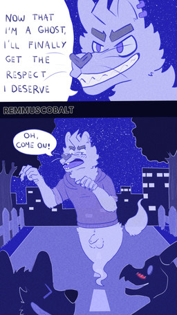 anthro balls dialogue embarrassed embarrassing_nudity emil_the_wolf foreskin genitals group holidays male nude outside penis text remmus_cobalt halloween canid canine canis ghost mammal spirit wolf 4k 9:16 absurd_res comic english_text hi_res