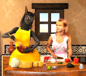 animal_ears anthro apron apron_only avocado black_body black_fur black_hair blonde_hair bowl brown_hair cheese clothing colored_sclera container cooking cutting_board dairy_products dress duo egg female floral_print food fruit fur furniture green_eyes hair holding_knife holding_object inside kitchen kitchen_utensils knife lemon long_hair looking_at_another mixing_bowl onion pepper_(fruit) plant purple_eyes sleeveless_clothing smile table tomato tools vegetable white_body white_skin window yellow_clothing yellow_dress chadotexas felid human mammal 3d_(artwork) absurd_res digital_media_(artwork) hi_res