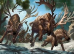 antlers brandishing charging feral front_view group holding_object holding_weapon hooves horn low-angle_view open_mouth plant quadruped running snow tree weapon carl_frank hasbro wizards_of_the_coast cervine deer elk human mammal