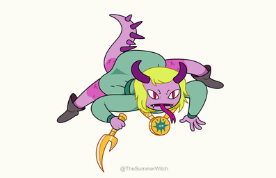 4_fingers anthro blonde_hair clothed clothing dagger dress fangs female fighting_pose fingers footwear forked_tongue gold_pendant green_clothing green_dress hair horn jewelry melee_weapon multicolored_body pendant pink_body pose red_eyes scales shoes simple_background simple_eyes solo spiked_tail spikes spikes_(anatomy) tail teeth tongue weapon white_background thesummerwitch adventure_time cartoon_network lizard_princess lizard reptile scalie hi_res