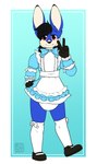 ageplay anthro black_nose blue_body blue_fur closed_smile clothed clothing crossdressing diaper front_view fur hand_on_hip infantilism looking_at_viewer maid_uniform male mouth_closed red_eyes roleplay smile solo standing uniform wearing_diaper white_body white_diaper white_fur riddlr eamon lagomorph leporid mammal rabbit full-length_portrait hi_res portrait