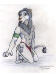 abs anthro armband black_mane blue_eyes bottomwear clothed clothing digitigrade feet footprint fur green_armband handpaw hindpaw kneeling loincloth male mane markings open_mouth pawprint pawprint_(marking) paws pecs red_bottomwear red_clothing red_loincloth simple_background snout solo tail tail_tuft topless tuft white_background white_body white_fur dennis_j_marfia felid lion mammal pantherine 1998 colored_pencil_(artwork) full-length_portrait portrait shaded signature traditional_media_(artwork)