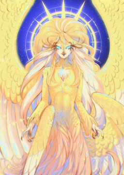 anthro bangs beak blonde_hair blue_eyes breasts claws eyelashes feathered_wings feathers female hair halo long_eyelashes long_hair solo wings yellow_body yellow_feathers blackberreh hazbin_hotel hellaverse speaker_of_god_(hazbin_hotel) angel avian bird owl digital_media_(artwork) hi_res