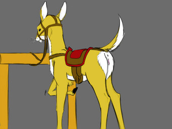 anus belly black_hooves black_nose bridle butt female fence feral fluffy fluffy_tail fur genitals grey_background hooves in_heat mount multicolored_body multicolored_fur multicolored_tail pink_vulva post raised_leg raised_tail reins saddle simple_background snout solo tail teeth two_tone_body two_tone_fur two_tone_tail vulva white_anus white_belly white_body white_fur white_tail yellow_body yellow_fur yellow_tail backlash91 conditional_dnp cervine deer mammal 4:3 digital_media_(artwork)