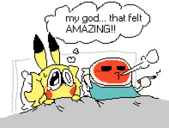after_sex after_sex_smoking ambiguous_anthro ambiguous_gender anthro bed bedding belly big_eyes big_pupils black_ear_tips black_eyes black_text blanket blanket_grab blonde_hair blush blush_lines bodily_fluids breath cheek_blush cheek_spots cigarette cigarette_smoke cloud_emanata dilated_pupils dipstick_ears drum duckface duo ear_markings ears_up ellipsis emanata empty_eyes exclamation_point flustered fur furniture glistening glistening_eyes hair half-closed_eyes hand_behind_head hand_behind_own_head head_on_pillow holding_cigarette holding_object inner_monologue inside lit_cigarette lying lying_on_bed monotone_background multicolored_body multicolored_ears musical_instrument narrowed_eyes nonchalant nose_blush oh_my_god on_back on_bed on_pillow orange_body orange_face percussion_instrument pillow pupils quadruped simple_background smoke smoking sweat sweatdrop taiko_drum teal_belly teal_body tears tears_of_pleasure text text_emphasis thinking thought_bubble two_tone_ears under_blanket white_background white_body wide_eyed yellow_body yellow_ears yellow_fur meatcanister i_love_when_ppl_draw_ships_like_this nintendo pokemon taiko_no_tatsujin daniel_(meatcanister) don_wada animate_inanimate generation_1_pokemon living_musical_instrument mammal pikachu pokemon_(species) rodent 2026 digital_media_(artwork) english_text meme pixel_(artwork) male_(lore)
