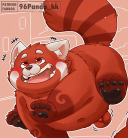 anthro balls belly blush flaccid genitals kemono male navel open_mouth overweight overweight_male penis small_penis solo 96panda disney pixar turning_red ailurid mammal red_panda 2026