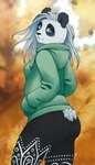 anthro autumn big_butt black_clothing black_leggings black_legwear black_markings black_nose blue_eyes butt butt_pose clothing eye_markings eyelashes female fluffy fluffy_tail fur green_clothing green_hoodie green_topwear hair hand_in_pocket hoodie leggings legwear lips long_hair looking_at_viewer markings pattern_clothing pattern_legwear pink_lips pockets pose short_tail simple_background smile solo tail topwear white_body white_fur white_hair noviraine november_(noviraine) bear giant_panda mammal 2023 digital_media_(artwork) signature