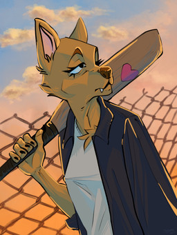 anthro baseball_bat bat_(object) brown_body brown_fur clothed clothed_anthro clothed_female clothing cloud female female_anthro fur heart_symbol morning solo sun three-quarter_view sahary canid canine mammal 2022 3:4 digital_drawing_(artwork) digital_media_(artwork) half-length_portrait hi_res portrait shaded simple_shading