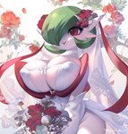 big_breasts bouquet breasts cleavage clothed clothing dress female flower green_hair hair huge_breasts nipple_outline not_furry open_mouth plant red_eyes smile solo teeth wedding_dress white_body white_skin popodunk nintendo pokemon generation_6_pokemon humanoid mega_evolution mega_gardevoir pokemon_(species) 2021