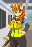 anthro baton big_breasts biped breasts clothing female female_anthro horn looking_at_viewer security solo train train_station uniform vehicle zeroonesunray hasbro my_little_pony mythology pt_kereta_api_indonesia fan_character equid equine mammal mythological_creature mythological_equine unicorn absurd_res hi_res