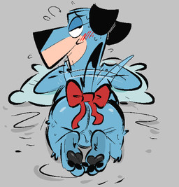 accessory anthro backsack balls bedroom_eyes blue_body blue_fur blush bodily_fluids bow_(feature) bow_accessory bow_ribbon butt fur furgonomics genitals looking_at_viewer looking_back looking_back_at_viewer lying male narrowed_eyes on_front rear_view ribbons seductive solo sweat tail tail_accessory tail_bow tail_motion tail_ribbon tailwag the-alfie-incorporated hanna-barbera jellystone_(hbo_max) the_huckleberry_hound_show huckleberry_hound canid canine canis domestic_dog mammal 2021 colored_sketch sketch
