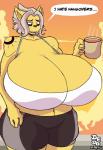 anthro anthrofied beverage big_breasts breasts cleavage clothed clothing coffee container cup female holding_container holding_cup holding_object huge_breasts hyper hyper_breasts navel pokemorph solo tattoo text dedoarts nintendo pokemon fan_character ruby_(pelleelle) eeveelution generation_1_pokemon jolteon pokemon_(species) 2016 english_text hi_res