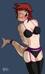 anthro blue_background blush bra breasts clothed clothing female hair hands_behind_back legwear lingerie non-mammal_breasts partially_clothed red_hair simple_background solo standing stockings thigh_highs underwear neayix fish marine shark hi_res signature