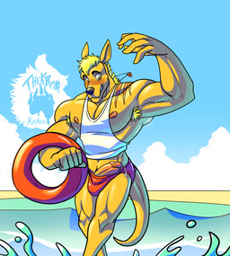 anthro armpit_hair beach beach_background blush body_hair clothing embarrassed embarrassed_male embarrassing_exposure genitals humanoid_genitalia humanoid_penis lifeguard male male_anthro nipples outdoor_background penis pool_float shirt speedo swimwear tank_top topwear wardrobe_malfunction thekinkybear absurd_res hi_res