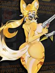 anthro arm_tuft big_breasts blonde_hair breasts butt elbow_tuft eyebrows eyelashes female fur genitals green_eyes gun hair handgun inner_ear_fluff mask neck_tuft nude pussy ranged_weapon revolver side_boob solo tuft weapon white_body white_fur yellow_body yellow_fur theredroo mihoyo zenless_zone_zero pulchra_fellini felid feline felis mammal thiren 2025 hi_res