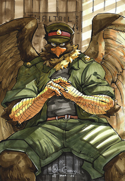 5_fingers anthro beak biceps biped bottomwear brown_body brown_fur claws clothed clothing feathered_wings feathers finger_claws fingers fur hat headgear headwear looking_at_viewer male muscular muscular_anthro muscular_male pecs sitting solo topwear uniform wings omicrono mythology carpo avian gryphon mythological_avian mythological_creature hi_res
