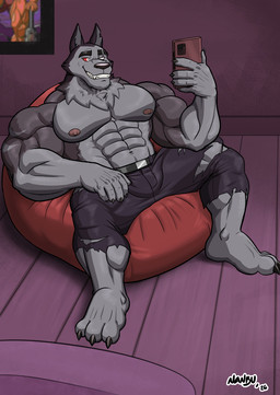 3_toes 5_fingers abs anthro barefoot bean_bag black_nose blind_eye bottomwear cellphone clothed clothing electronics eye_scar facial_scar fangs feet fingers fur grey_body grey_fur grin hindpaw humanoid_hands male muscular muscular_anthro muscular_male navel nipples pants paws pecs phone red_sclera scar sitting smartphone smile solo teeth toes topless topless_anthro topless_male torn_bottomwear torn_clothing torn_pants white_eyes nanbuskhan hellaverse helluva_boss mythology vortex_(helluva_boss) canid canid_demon canine demon hellhound mammal mythological_canine mythological_creature hi_res