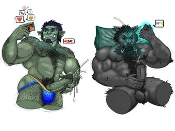 big_muscles bodily_fluids body_hair chest_hair clothing cum cumshot ejaculation electronics facial_hair genital_fluids genitals goatee humanoid_genitalia humanoid_penis jockstrap livestream male muscular muscular_male orgasm penis phone piercing social_media solo tongue underwear canid canine canis humanoid mammal orc wolf hi_res