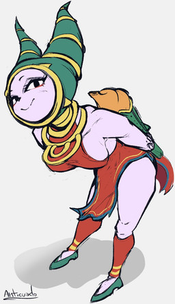 anthro big_breasts black_eyes black_nose breasts clothed clothing dress eyelashes female footwear front_view fur green_clothing green_footwear green_headwear green_shoes grey_background hands_behind_back headgear headwear holding_musical_instrument holding_object legwear looking_at_viewer musical_instrument purple_body purple_fur red_clothing red_dress red_legwear shoes side_boob simple_background smile solo anticuadoknight nine_sols red_candle_games nuwa_(nine_sols) felid feline mammal solarian hi_res