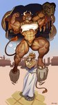 9:16 absurd_res anthro blue_eyes bovid bovine brown_body brown_fur clothing european_mythology eyewear female fur glasses greasymojo greek_mythology hi_res imagination korinna_avarta mammal minotaur muscular muscular_female mythology panties scroll solo toga underwear