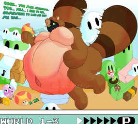 ?_block anthro audience being_watched bloated block cheek_bulge close_to_bursting clothing cloud costume dialogue eating female fisheye_lens floating flying fungus green_eyes group hill_with_eyes_(mario) hood looking_at_another macro markings mega_mushroom mushroom navel note_block one_eye_closed outie_navel overweight paws pipe plant reactions ready_to_pop shadow_face sky solo solo_focus stretch_marks striped_markings striped_tail stripes struggling stuffing tail tail_markings tanuki_costume tanuki_leaf tanuki_tail text user_interface warp_pipe capraviscera mario_bros nintendo super_mario_bros._3 bear canid canine elemental_creature flora_fauna goomba mammal paragoomba piranha_plant raccoon_dog tanuki waddling_head absurd_res hi_res