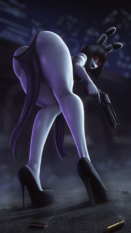 anthro bare_shoulders bent_over big_butt black_bottomwear black_clothing black_footwear black_hair black_high_heels black_lips black_loincloth black_shirt black_topwear blurred_background bob_cut bottomwear breasts butt cartridge_case city clothing dutch_angle eyewear female footwear glasses glistening glistening_body gun gun_smoke hair high_heels holding_gun holding_object holding_ranged_weapon holding_weapon lips loincloth machine medium_breasts medium_hair night outside ranged_weapon red_eyewear red_glasses shirt shoes smoke solo thick_thighs topwear weapon wearing_glasses white_body lamoz571 disembowell_(modeler) red-eye_(modeler) white_angel_(doctorpurple2000) lagomorph leporid mammal rabbit robot robot_anthro 2026 3d_(artwork) 9:16 absurd_res digital_media_(artwork) hi_res source_filmmaker_(artwork) watermark