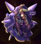 2015 angry anthro anthrofied areola black_eyes blush breasts bubble cloyster elpatrixf english_text exclamation_point female generation_1_pokemon genitals hindpaw horn looking_down marine mollusk navel nintendo nipples non-mammal_breasts nude open_mouth paws pokemon pokemon_(species) pokemorph purple_body purple_skin pussy shell solo spikes teeth text tongue underwater water