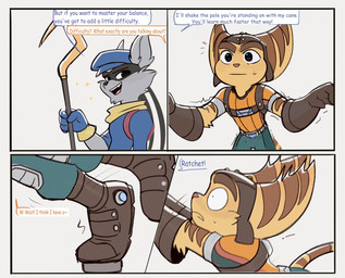 anthro boots border clothing constricted_pupils dialogue duo emanata eyebrows falling footwear gloves grey_body handwear hat headgear headwear male open_mouth pupils shoes small_pupils staff striped_body stripes text yellow_body yellow_border time_fluffy500 ratchet_and_clank sly_cooper_(series) sony_corporation sony_interactive_entertainment sucker_punch_productions ratchet_(ratchet_and_clank) sly_cooper lombax mammal procyonid raccoon 2026 english_text hi_res