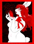 anthro black_background black_text blood blood_on_body blush bodily_fluids border breasts bump choker cotton_tail dripping_heart female hair heart_(organ) heart_symbol holding_organ jewelry necklace nude organs red_border red_hair red_ribbon red_text ribbon_around_neck ribbons simple_background solo sound_effects text white_body sepulturegirl lagomorph leporid mammal rabbit handwritten_text hi_res