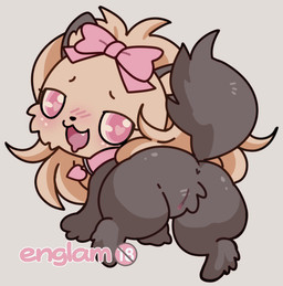 accessory age_restriction anus black_body black_butt black_fur black_paws black_tail blush blush_lines bodily_fluids bow_ribbon butt chibi collar drooling female feral fur genitals grey_background hair_accessory hair_bow hair_ribbon looking_at_viewer looking_back open_mouth pink_bow pink_collar pink_eyes pink_text presenting presenting_hindquarters presenting_vulva raised_tail ribbons saliva simple_background solo solo_focus tail tan_body tan_fur teeth text vulva englam jewelpet sanrio sega_fave topaz_(jewelpet) 2026 colored digital_drawing_(artwork) digital_media_(artwork) hi_res signature