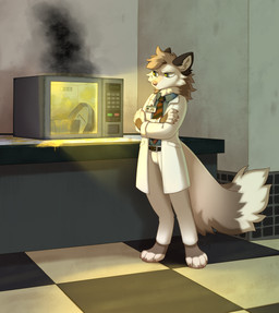 ambiguous_gender annoyed anthro appliance belt blue_eyes bottomwear casserole clothed clothing coat digitigrade fluffy fluffy_tail fur grey_body grey_fur identification inside kitchen_appliance lab_coat light microwave_oven multicolored_body multicolored_fur necktie pants scientist shirt smoke solo standing tail text topwear white_body white_fur ruddi black_mesa half-life valve valve_corporation canid canine mammal 2025 artist_name hi_res lighting shaded signature