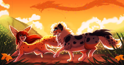 ambiguous_gender black_body black_fur blue_eyes brown_body brown_eyes brown_fur cloud duo fangs feral flower fluffy fluffy_tail fur grass grey_body grey_fur open_mouth outside plant sky smile spots sunset tail teeth tongue silvyr canid canine fox mammal 2015 digital_media_(artwork) warm_colors watermark