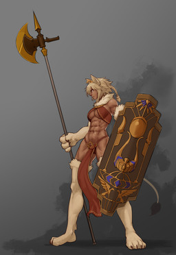 abs accessory animal_ears armor athletic axe bangs biceps big_breasts blonde_hair braided_hair breasts claws clothed clothing dark_body dark_skin egyptian egyptian_clothing feline_ears female fur gold_trim hair hair_accessory halter_top halterneck holding_object jewelry melee_weapon midriff monster_girl_(genre) muscular muscular_female muscular_thighs navel obliques red_ribbon ribbons shield simple_background solo spread_legs spreading tail tail_tuft tuft weapon less_(artist) egyptian_mythology middle_eastern_mythology monster_girl_encyclopedia mythology sekhmet animal_humanoid deity felid humanoid mammal mammal_humanoid mythological_creature digital_media_(artwork) full-length_portrait hi_res portrait