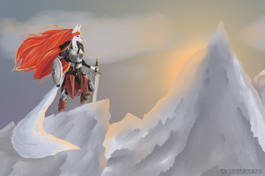 anthro armor clothed clothing female fur hair knight long_hair melee_weapon mountain purple_eyes red_hair shield solo sunset sword warrior weapon white_body white_fur winter evgheshkafx canid canine canis mammal wolf 3:2 hi_res