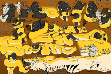 5_fingers abdominal_bulge animal_genitalia anthro asphyxiation balls barefoot biped black_balls black_body black_claws black_fur black_nose black_tail blue_eyes breath brown_background calling_for_help choking claws clenched_teeth coiling contact_onomatopoeia detached_sheath dialogue different_sound_effects drunk ellipsis exclamation_point eyes_closed feet feet_first feral fingers fluffy fluffy_tail forced fully_sheathed fur genitals grope group growling impact_onomatopoeia interrobang interrupted_speech male male/male motion_lines muffled multi-word_onomatopoeia multicolored_body multicolored_scales name_drop name_in_dialogue neck_bulge onomatopoeia open_mouth oral_vore partially_inside penis penis_tip pink_penis pink_tongue restrained scales sheath simple_background sitting smack_(sound_effect) snout sound_effects squeezing struggling stuttering substance_intoxication swallowing tail teeth text toe_claws toes tongue tongue_out two_tone_body two_tone_scales vore vowelless vowelless_vocalization whimper whining white_balls white_body white_fur white_scales yellow_body yellow_scales vellum mythology seth_lethara canid canine canis mammal mythological_canine mythological_creature reptile scalie snake werecanid werecanine werecreature werewolf wolf 2018 digital_media_(artwork) english_text