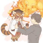 anthro blush bottomwear carrying_another clothing eyewear glasses group hat headgear headwear humanoid_hands male muscular necktie pants shirt topwear minimumtkg lifewonders tokyo_afterschool_summoners fire_alchemist protagonist_(tas) twink_protagonist_(tas) ailurid human mammal red_panda 1:1 2019