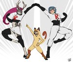 action_pose andromorph anthro antlers clothing cosplay costume female group horn intersex male pose trio young young_anthro punkcroc nintendo pokemon team_rocket bandi_doe jayne_doe stefan_(tota) cervine deer generation_1_pokemon human mammal meowth pokemon_(species) hi_res