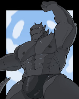 anthro barazoku big_muscles biped black_border black_clothing black_underwear blue_sky border clothed clothing cloud cloudy_sky looking_at_viewer male muscular muscular_anthro muscular_male outside_border shirtless_anthro shirtless_male sky solo underwear underwear_only rolenzoart godzilla_(series) toho godzilla kaiju