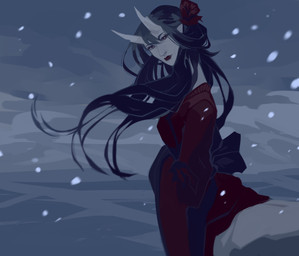 black_clothing black_hair clothed clothing female glistening glistening_eyes hair horn long_hair looking_at_viewer red_clothing red_eyes simple_background snow snowing solo unsigned white_body white_horn white_skin corzh77 humanoid absurd_res hi_res