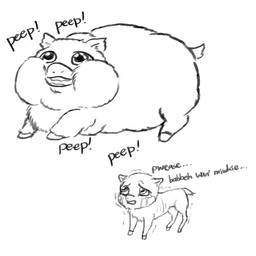 abuse ambiguous_feral ambiguous_gender anime_style bodily_fluids child_abuse crying dialogue duo emaciated emaciated_feral feral hooves obese obese_feral overweight overweight_feral sad smile tail tears teeth text young young_ambiguous young_feral yellowcottoncandy030 fluffy_pony fluffy_pony_(species) mammal 1:1 2025 black_and_white broken_language digital_media_(artwork) english_text hi_res monochrome